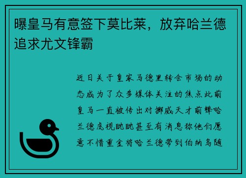 曝皇马有意签下莫比莱，放弃哈兰德追求尤文锋霸