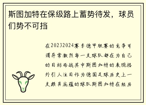 斯图加特在保级路上蓄势待发，球员们势不可挡